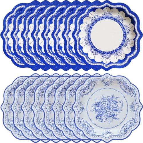 Vintage Floral Paper Plates, 16pcs Chinese Style Blue and White Porcelain Paper Plates, Snack Dessert Food Trays for Afternoon Tea Party Birthday Wedding