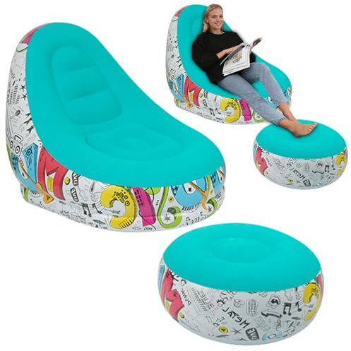 Gohytal Aufblasbares Sofa, 125×100cm mit Hocker Wasserdichtes Luftsofa Outdoor Tragbares Aufblasbar Luft Sofa Couch Air Lounger mit Portable Paket für Camping Urlaub Schwimmbad Strandparties Hinterhof