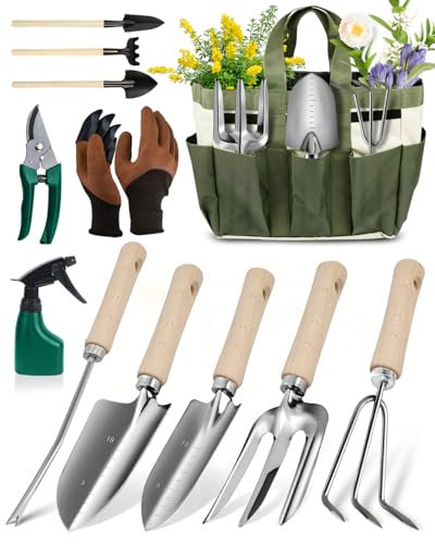 13 PCS Garden Tools Set, Durable Stainless Steel Gardening Sets with Easy-carry Handbag, Heavy Duty Rust-Proof Shovel, Grass Shears Set, with Wooden Handles, for Man Woman Planting Gift