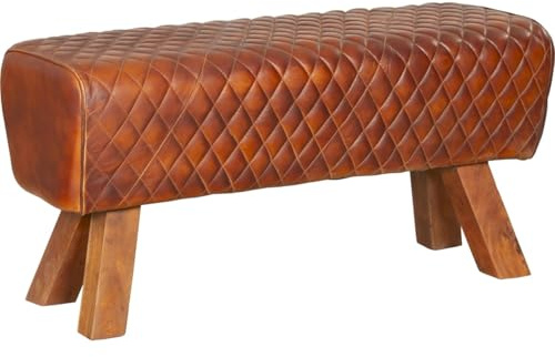 Licht-Erlebnisse Sitzbank Flur Ankleide 91,5 x 45,5 x 33,5 cm (BxHxT) niedrig Turnbock Design Leder Mangoholz in Braun Retro Bank