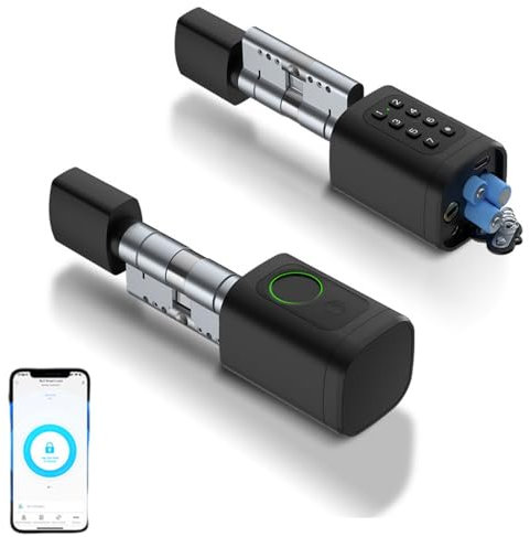 Türschloss Fingerabdruck, 5 en 1 Smart Türschloss mit Zahlencode RFID Schlüssel APP, Elektronisches Türöffner Haustürschloss, Verstellbarer Schließzylinder 60-90mm