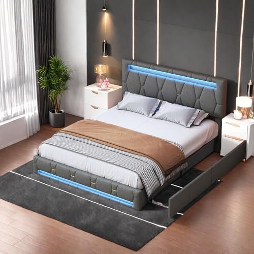 SHAODENG Jugendbett 140x200 cm, LED Polsterbett mit USB-Ladefunktion, Stauraumbett mit 4 Schubladen,Verstellbares Kopfteil, Funktionsbett Bettgestell Rückenlehne, Linen, Grau, Ohne Matratze