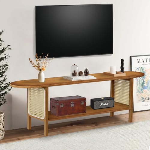 Mordchil HF Bamboo TV Stand for TVs up to 65, Accent Entertainment Center with Storage, Modern Console Table with Rattan, Media TV Stand for Living Room, Bedroom, 55(L), Walnut