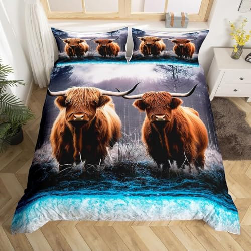 RZPFQB Hochlandrinder Yak Kinder Bettwäsche 200x200 Bettwäsche Set für Teens Jungen Mädchen Kinderbettwäsche 3D-Yak Bettbezug Set braun Microfaser Bettwäscheset