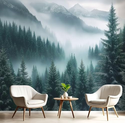 Papier Peint Panoramique Brume Paysage, 250x175cm (L×H), Flanc De Montagne Forêt De Pins Geant Murale, Matériel de Soie, Taille Personnalisée Disponible, Pour Salon Chambre Décor Murale, Vert foncé