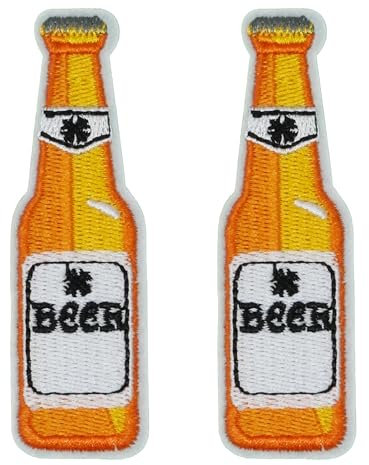2 x Bierflaschen-Aufnäher – bestickter Aufnäher zum Aufbügeln (8 x 2,6 cm) für Jacken, Taschen und Partybekleidung