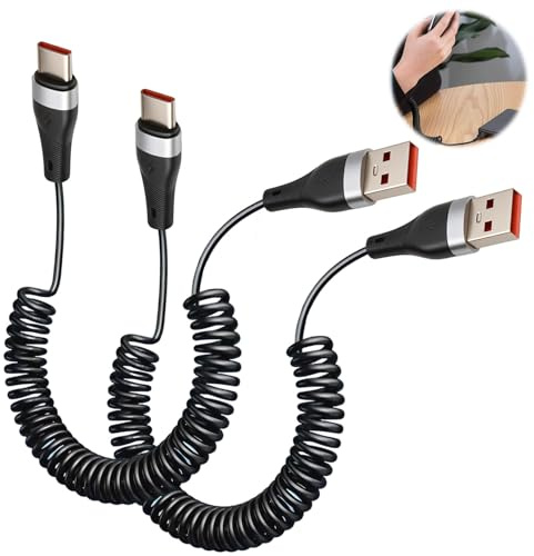 USB to USB-C Coiled Cable 2M/6.6FT 2Pack Spring Cable for Samsung Phone Charger Retractable Auto for Samsung Galaxy S25 S24 Ultra S23 FE S22 S21 S20 A15 A55 A56 A35 A25 A34 A14 iPhone 15 16