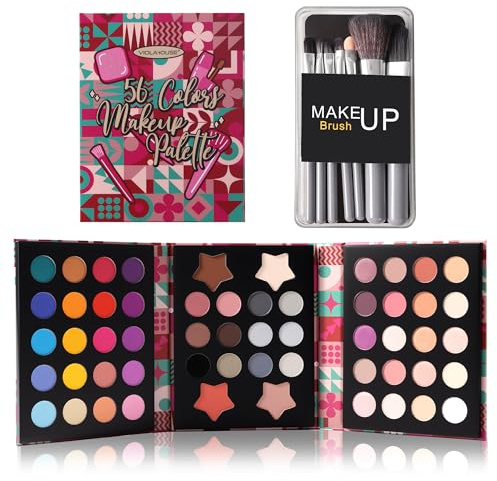 VIOLA HOUSE 56 Farben Lidschatten Paletten, Makeup Set Mit Matten, Glitzernden und Schimmernden Lidschatten, Mehrfarbiges Schminkset Mit Pinseln, Weihnachts Make up für Frauen