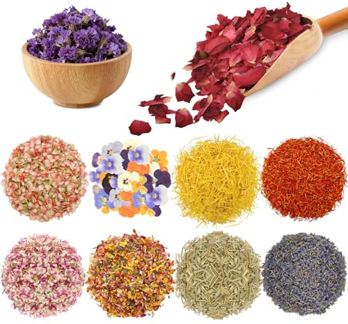 12 Packungen Arten Blütenblatt Trockenblumen, 100 % natürliches Blütenblatt-Set,für Seife, Getrocknete Blütenblätter,Kuchendekoration,Kerzenherstellung,Dekoration für Festlichkeiten,Backen und Kochen.