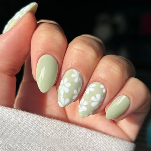 JMEOWIO Gel Nail Stickers White Flower Light Green Semi Cured Gel Nail Strips Wraps UV/LED Nails Art Design Decoration Accessories