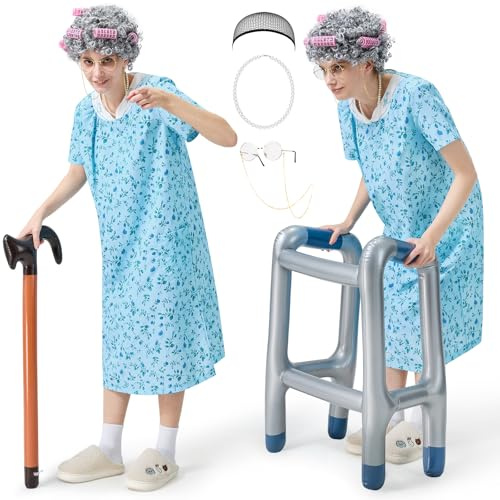 LumenVela Oma Kostüm Set, Kittelschürze Oma Set 8 Stück Old Lady Kostüm mit Gehstock, Gehhilfe, Perücke Oma, Brille, Halsketten, Haarnetz Kittelschürze Damen für Karneval, Mottoparty