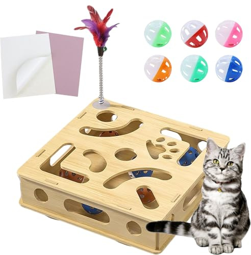 Cat Nail File Toy with Treat Dispenser, Cat Scratch Puzzle Enrichment Box Nail File Stress Free, Cats Scratching Box with Bell Ball Inside for Indoor Cats Self Play (with 6 Bell Ball+Funny Cat Stick)