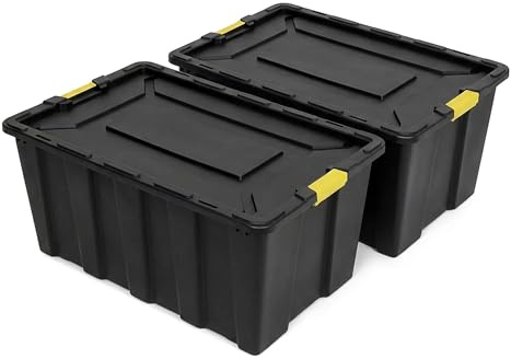NOVECRAFTO 150L Extra Large Storage Box with Lid, 2 Pack – Heavy-Duty Storage Box with Carry Handles, Durable Plastic, Clip Locks, Padlockable & Stackable – Garage, Shed & Outdoor Use (Black)