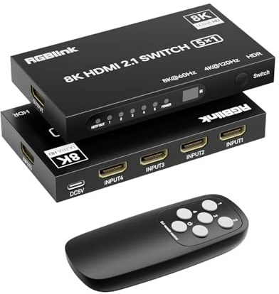 RGBlink 8K HDMI Switch 5 in 1 Out, HDMI Splitter 8K@60Hz/4K@120Hz with Remote, 5 Port HDMI 2.1 Switcher, Compatible with PS5/4, Xbox, Fire TV Stick, Blu-Ray, HDTV, Monitor, Projector