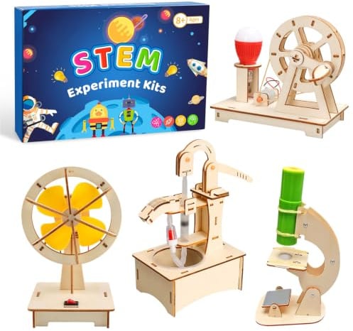 Experiments Kit de construction scientifique en bois pour enfants | Jouet puzzle 3D, boîte d'expérimentation, cadeau pour garçons, adolescents, ventilateurs, générateurs, pompes, microscopes