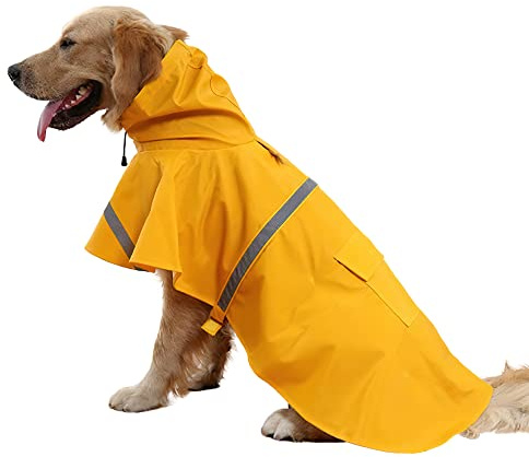 NACOCO Large Dog Raincoat Adjustable Pet Water Proof Clothes Lightweight Rain Jacket Poncho Hoodies with Strip Reflective (XXL, Yellow)