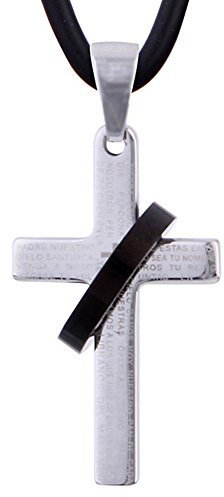 Sophie & Jules Herren Leder Halskette Lederkette 50 cm mit Edelstahl Kreuz Anhänger Silber Vater Unser und Ring