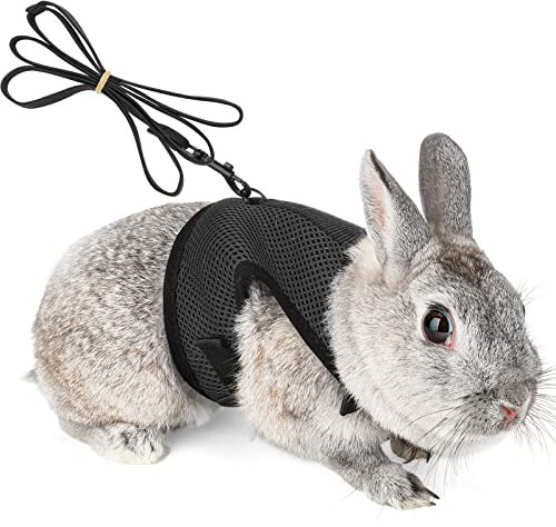 Verstellbares Weiches Kaninchen Geschirr mit Elastischer Leine für Kleines Tier Kitty Haustier Geschirr und Leine für Häschen Katze Little Pet Walking (S(Brust 27,5-33cm), Schwarz)