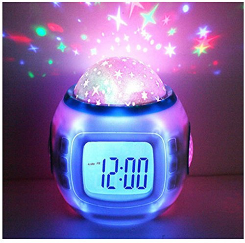 TKMARS LED Sternenhimmel Projektor Mini Kinderwecker Kalender Thermometer Wecker mit Hübschen Klängen und Animiertem