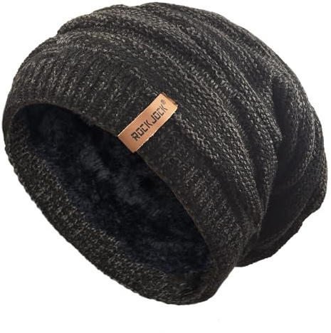 RockJock Mens Winter Knitted Slouch Beanie with R80 Thermal Insulation and Cosy Fleece Lining-Black/Grey