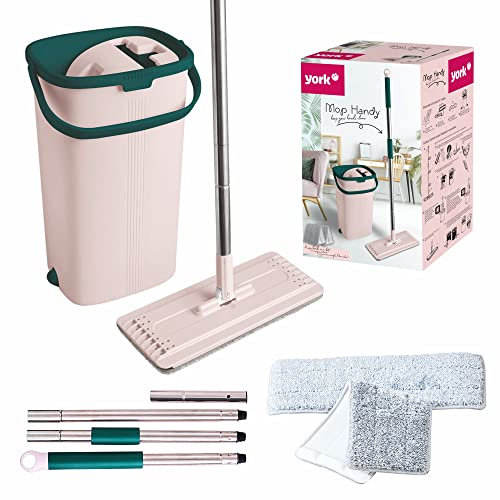 York Flachmopp Handy | Wischmopp Set mit Eimer Zweikammer | Innovativ Automatisches Auspresssystem | Eimer Kapazität 6 Liter Moppabmessungen 31x12cm Klappbarer Griff Länge 120cm | Rosa-Grün…