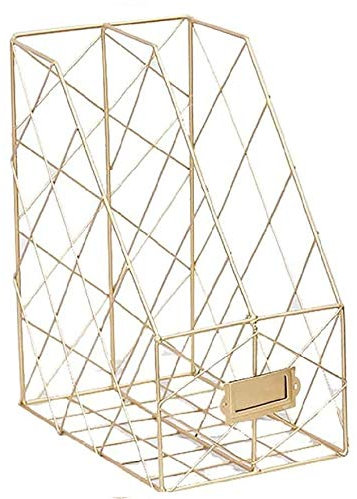 FülleMore Zeitschriftensammler Metall Schreibtisch Stehsammler 2 Fächer Dokumentenhalter Briefhalter Magazinständer Multifunktional Organizer Korb für Zuhause Büro Schule (Gold)