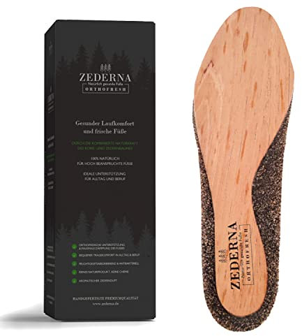 Zederna® Orthofresh 1 Paar orthopädische Einlegesohlen anti Schweiß, Fußgeruch & Schuhgeruch, für gesunden Laufkomfort. Zedernholz Schuheinlagen orthopädisch geformt mit Kork für beanspruchte Füße -S