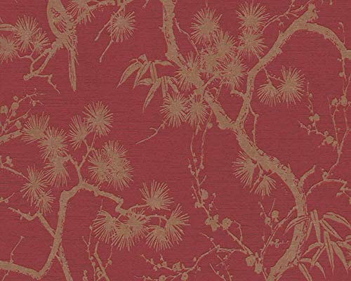 Red Tree Metallic Gold Print Vinyl Wallpaper Paste The Wall