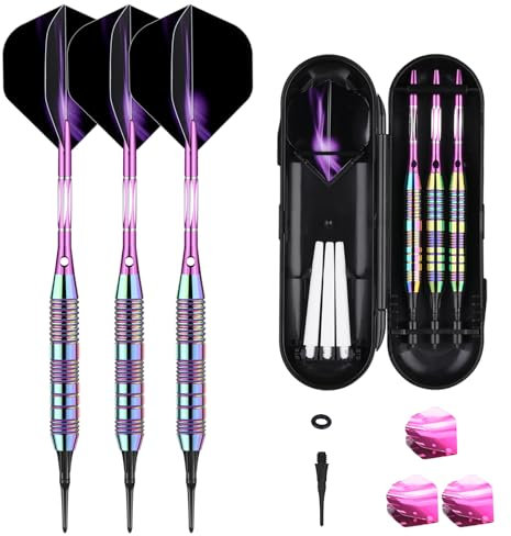 sanfeng Dartpfeile mit kunststoffspitze für elektronische dartscheibe 21 Gramm Softdarts mit Lila Aluminum Schaft 6 Flights 50 Anti-Lose Gummiringe 50 Spitzen