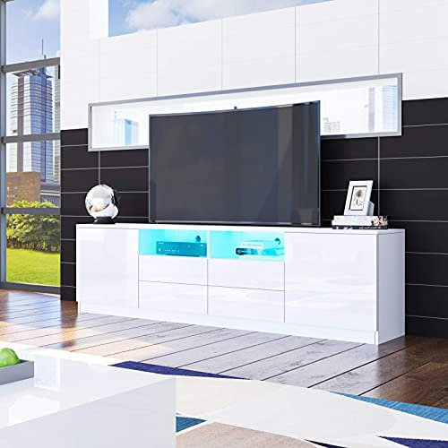 Senvoziii TV Lowboard Fernsehschrank in Hochglanz Weiß TV Schrank mit LED-Beleuchtung Sideboard 2 Türen 4 Schubladen für Wohnzimmer 180 x 35 x 51 cm