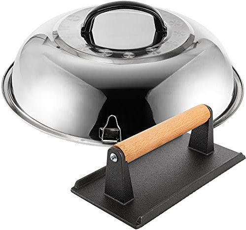 ZEAYEA 12 Inch Basting Cover and Grill Press Kit, BBQ Stainless Steel Griddle Accessories Kit for Hamburger Bacon Steak, Round Flat Top Griddle Cast Iron Grill Cooking Indoor or Outdoor Camping
