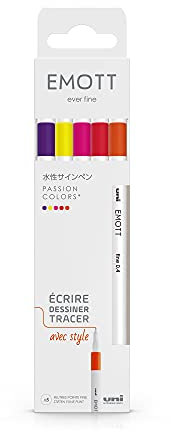 Uni-Ball Emott Uni Mitsubishi Pencil – 5 Filzstifte Passion Colors – zum Schreiben, Zeichnen, Zeichnen mit Stil! – feine Spitze 0,4 mm – Rot, Fuchsia, Rosa, Zitronengelb, Dunkelorange