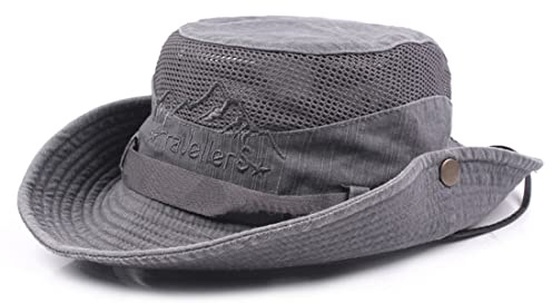 KeepSa Sun Hat Men Women Cotton Foldable Summer Anti UV Outdoor Bucket Hat Travel Hat Safari Cap with Breathable Mesh and Adjustable Chin Strap, Grey, 56-59