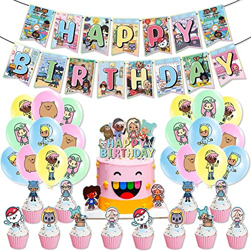 Toca Party-Dekorationen, Boca Life Geburtstagsparty-Zubehör, inklusive Cupcake-Aufsätze, Kuchendekoration, Banner, Girlande, Luftballons, Partygeschenk-Set für Kinder