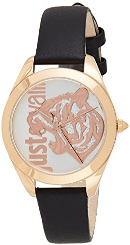 Just Cavalli Animalier Panther Finezza Damen-Armbanduhr, Quarz, modisch, analoges Display, Leder schwarz Kupfer, Mode