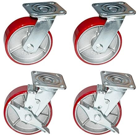 uyoyous Leise Lenkbare Möbelrollen 200 mm mit 2 Bremse, 4er Set Schwerlastrollen bis 1500KG, Transportrollen Lenkrollen mit 360° Drehung für innen und außen, Möbel Transport, Maschinenbau, Lager, rot