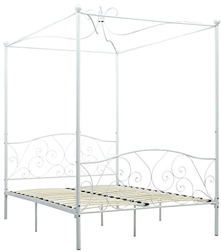 Tidyard Himmelbett Bett Bettgestell Doppelbett Metallbett Bettrahmen Lattenrost Schlafzimmerbett Schlafzimmermöbel Ehebett Weiß 140 x 200 cm (B x L),Metall + Sperrholz,Weiß