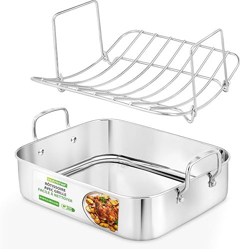 NutriChef Roasting Pan with Polished Rack, Wide Handle, and Stainless Steel Lid, Turkey Chicken Roasting Pan Great for Thanksgiving Dinners, Tender Roast, Deep Dishes, and More