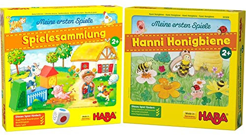 HABA 304223 - Meine ersten Spiele – Spielesammlung, 10 erste Spiele auf dem Bauernhof & 301838 - Meine ersten Spiele Hanni Honigbiene, kooperatives Farbwürfelspiel für 1-4 Spieler ab 2 Jahren
