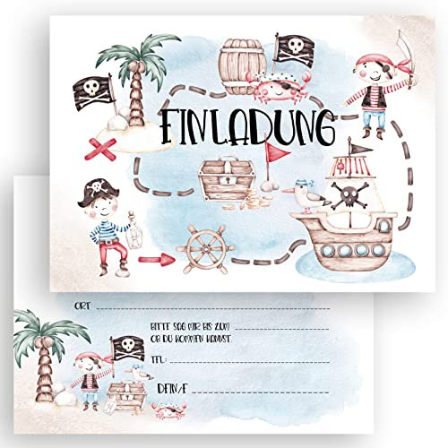 10x Kinder Einladungskarten Einladung Kindergeburtstag Pirat Piraten Party Piratenparty Schatzsuche Geburtstag Pastell Aquarell 10x15 cm Party Kinder 1 2 3 4 5 6 7 8 9 10 11