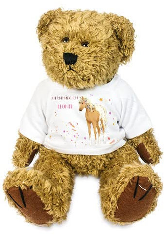 Kilala personalisiertes Plüschtier mit Namen Hase Elefant Bär Kuscheltier zum Geburtstag für Kinder waschbar (Bär Pferdemädchen beige)