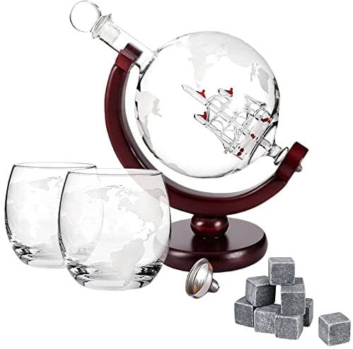 Großes Whiskey Globe Dekanter und Gläser Geschenkset - Whisky Dekanter Set, Globe Whiskey Gläser, Geschenkset für Männer, Whiskey Gläser und Whiskey Steine, Whisky Geschenke, von TRIXES