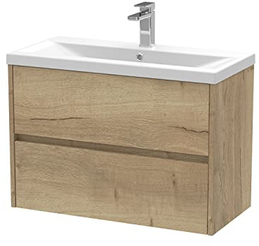 Hudson Reed HAV806A Havana Modern Bathroom Wall Hung 2 Drawer Vanity Basin Unit & Mid-Edge Ceramic Basin, 800mm, Woodgrain Autumn Oak