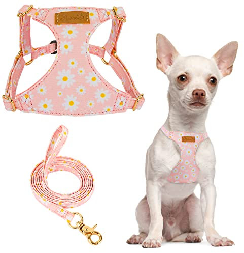 SlowTon Puppy Harness and Leash Sets - No Pull Soft Dog Harness Small Dog Adjustable Lightweight Vet Harness Ideal for Walking Running Training for Puppy Small and Medium Sized Dog, Floral Pink