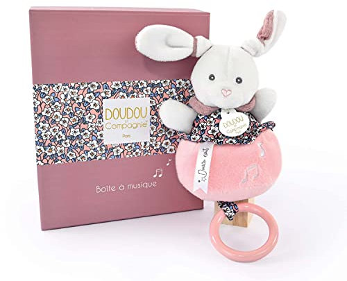 DOUDOU ET COMPAGNIE - Boîte À Musique Lapin Rose 20 cm - Collection Boh’aime - Peluche Musicale Bébé Dès la Naissance - Mélodie Twinkle Twinkle - Boîte Cadeau - Garantie Doudou Perdu - DC4028