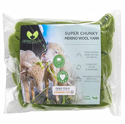 MeriWoolArt XXL Merino Wolle – 100% Schurwolle, Extra Dickes Filzgarn (4–5 cm) für Armstricken, Trocken- & Nassfilzen, Decken & Babydecken – Limette 25g