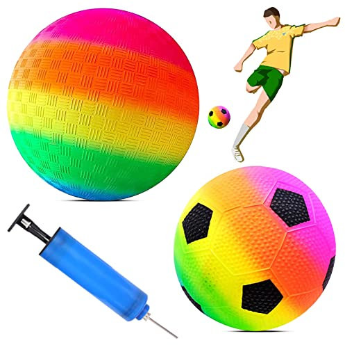 GAROMIA Bouncy Ball 2 Stück Regenbogen Ball Fußball Softball 8,5-Zoll Bouncy Kickball PVC Kinder Spielball Kinderspielball für Drinnen und Draußen Strandball mit Pumpe Regenbogen