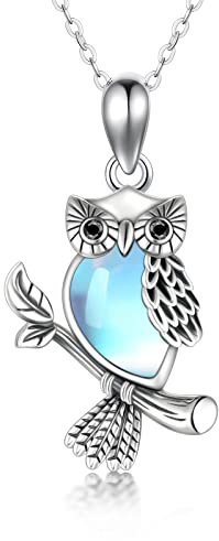 HARMONY BOLA Halskette mit Eulen-Anhänger aus 925er-Sterlingsilber mit Kristallen Anhänger in Tierform Silberschmuck Geschenk für Frauen, 45,7 + 5,1 cm Kettenverlängerung (Mondstein)