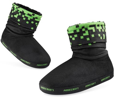 Minecraft Chaussons Enfant Garcon Creeper Pantoufles Fantaisie Chausson Montant Chaud Fourré Enfant Ado Tailles 28-39 (Noir, 32-33 EU)