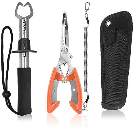 J&D Fishing Pliers and Fish Lip Gripper Set, Multi-Functional Stainless Steel Fishing Plier Gear Hook Remover Tool with Safety Coiled with Sheath and Lanyard for Freshwater Saltwater Fishing, Orange